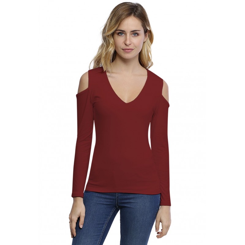 T-shirt col V épaules nues manches longues en modal ALBA05 T-shirt col V épaules nues manches longues en modal ALBA05