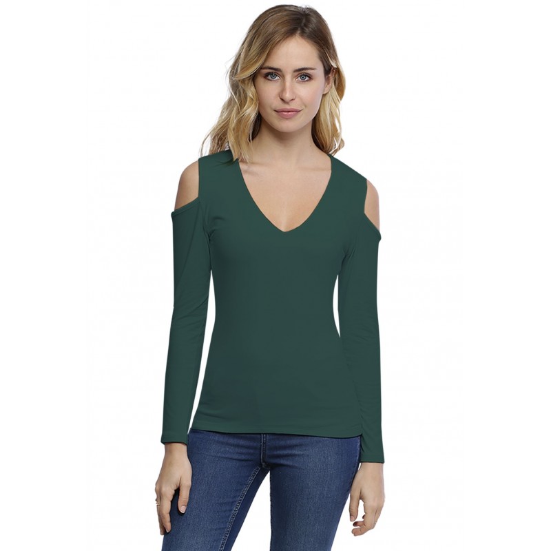 T-shirt col V épaules nues manches longues en modal ALBA05 T-shirt col V épaules nues manches longues en modal ALBA05