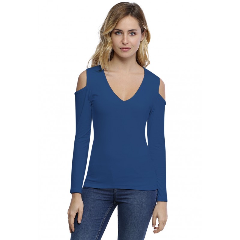 T-shirt col V épaules nues manches longues en modal ALBA05 T-shirt col V épaules nues manches longues en modal ALBA05