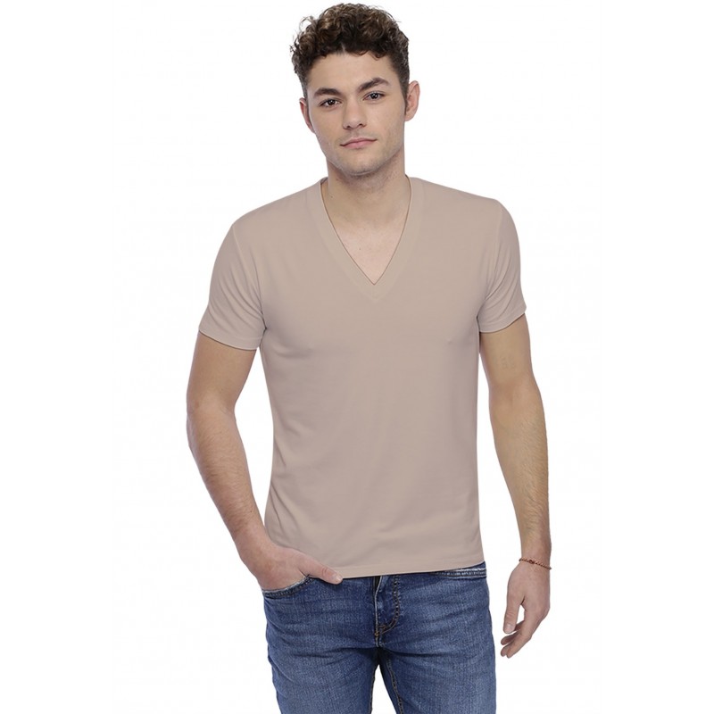 T-shirt col V profond bande rapportée manches courtes en modal JULIEN T-shirt col V profond bande rapportée manches courtes en modal JULIEN