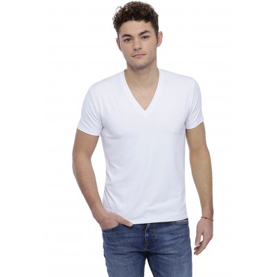 T-shirt col V profond bande rapportée manches courtes en modal JULIEN