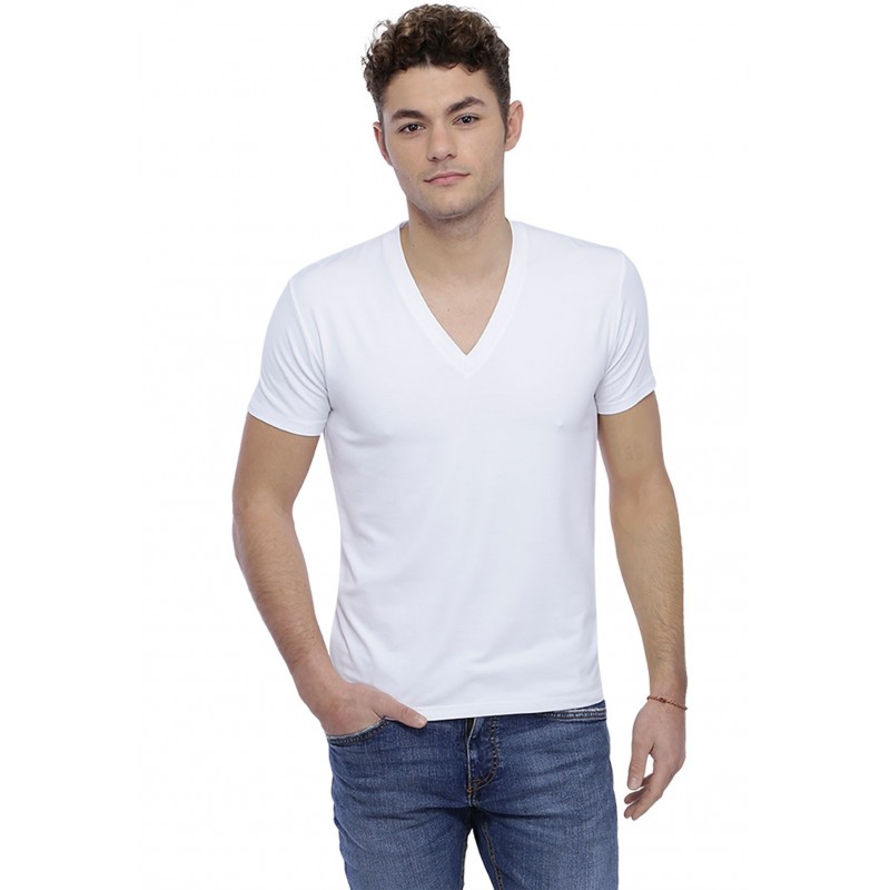 T-shirt col V profond bande rapportée manches courtes en modal JULIEN T-shirt col V profond bande rapportée manches courtes en modal JULIEN