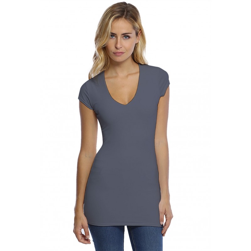 T-shirt long col V manches courtes capes en modal SYLVIA07 T-shirt long col V manches courtes capes en modal SYLVIA07