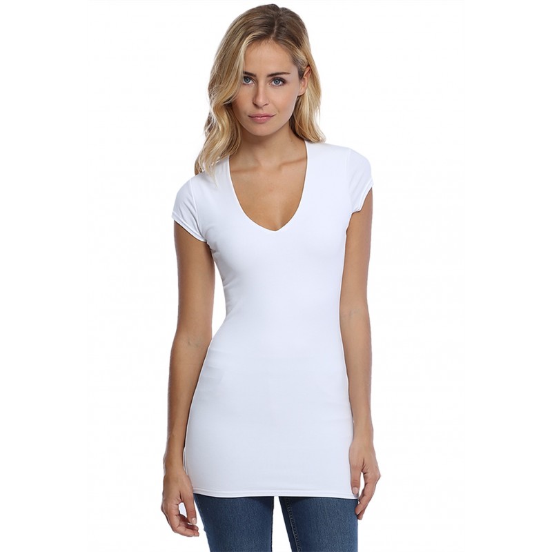 T-shirt long col V manches courtes capes en modal SYLVIA07 T-shirt long col V manches courtes capes en modal SYLVIA07