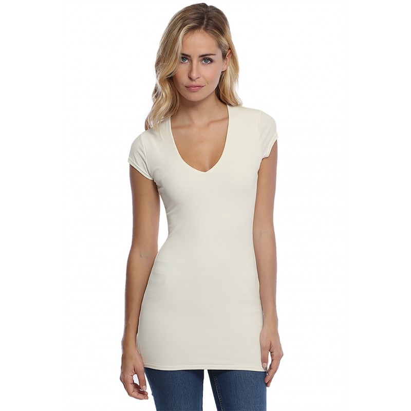 T-shirt long col V manches courtes capes en modal SYLVIA07 T-shirt long col V manches courtes capes en modal SYLVIA07