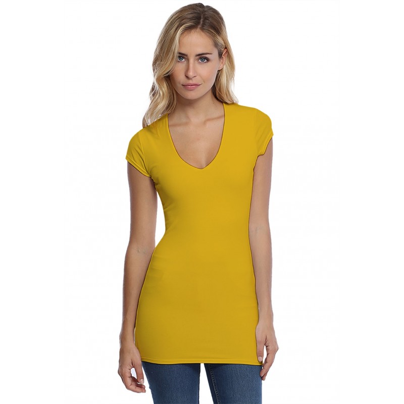 T-shirt long col V manches courtes capes en modal SYLVIA07 T-shirt long col V manches courtes capes en modal SYLVIA07