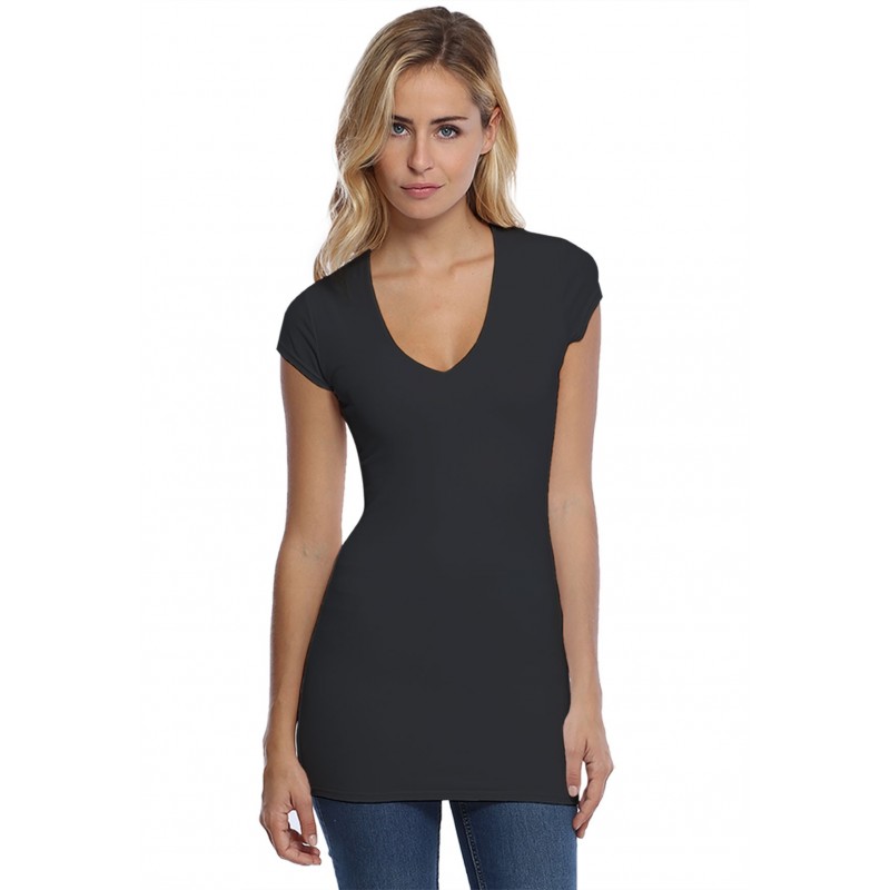 T-shirt long col V manches courtes capes en modal SYLVIA07 T-shirt long col V manches courtes capes en modal SYLVIA07
