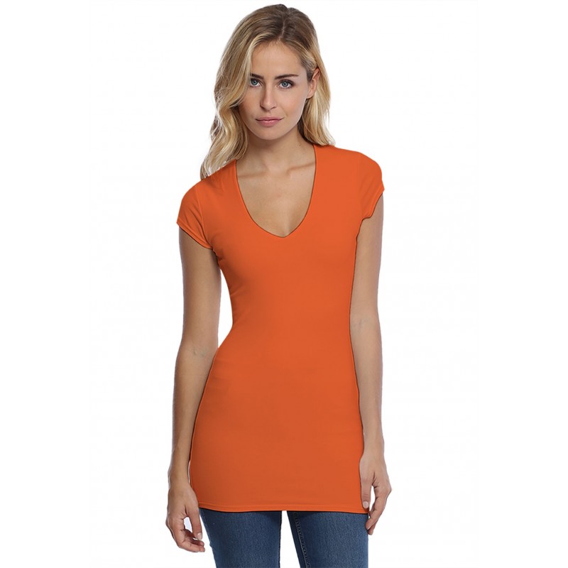 T-shirt long col V manches courtes capes en modal SYLVIA07 T-shirt long col V manches courtes capes en modal SYLVIA07