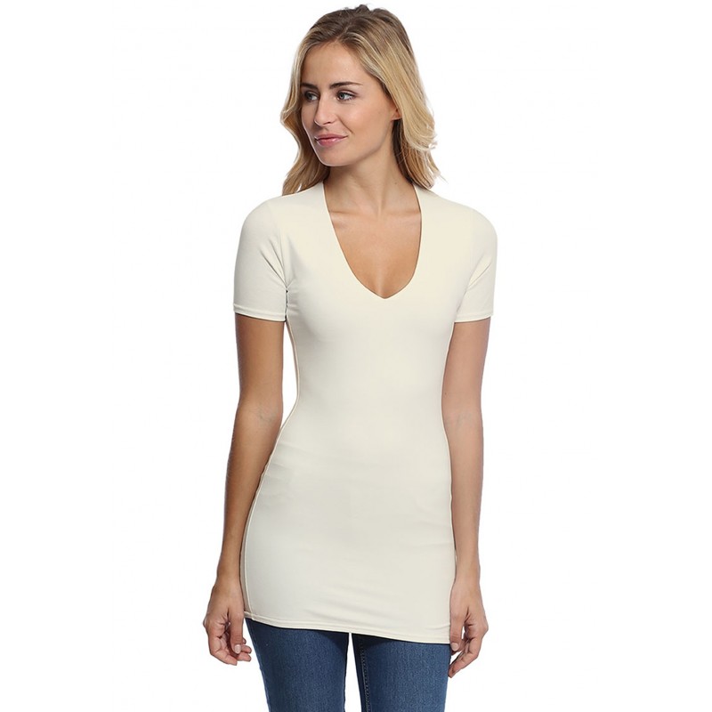 T-shirt long col V manches courtes en modal SYLVIA08 T-shirt long col V manches courtes en modal SYLVIA08