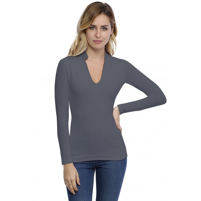 T-shirt col officier manches longues en modal LOU05 T-shirt col officier manches longues en modal LOU05