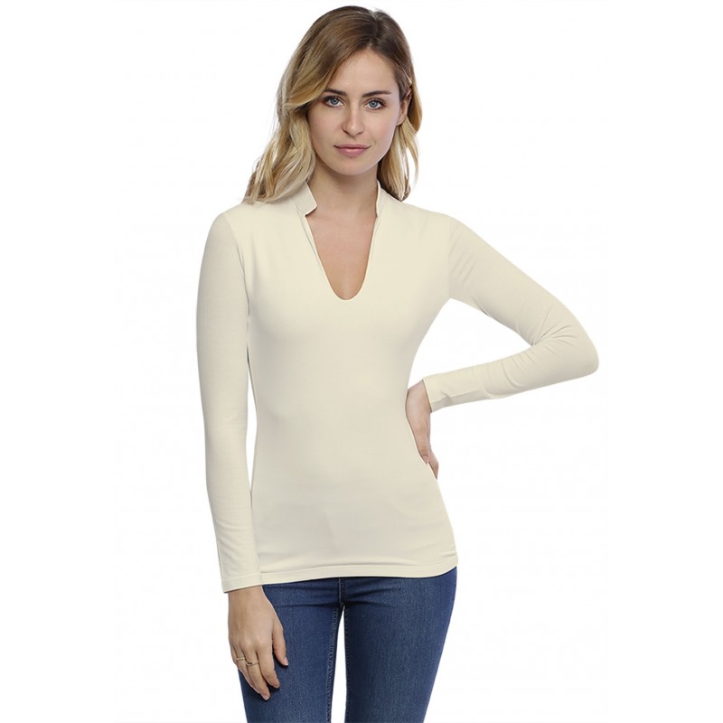 T-shirt col officier manches longues en modal LOU05 T-shirt col officier manches longues en modal LOU05