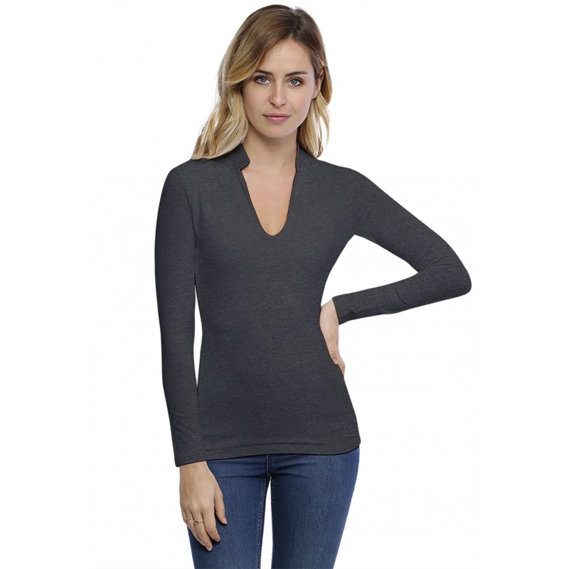 T-shirt col officier manches longues en modal LOU05 T-shirt col officier manches longues en modal LOU05