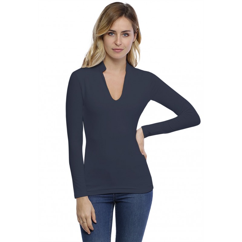 T-shirt col officier manches longues en modal LOU05 T-shirt col officier manches longues en modal LOU05
