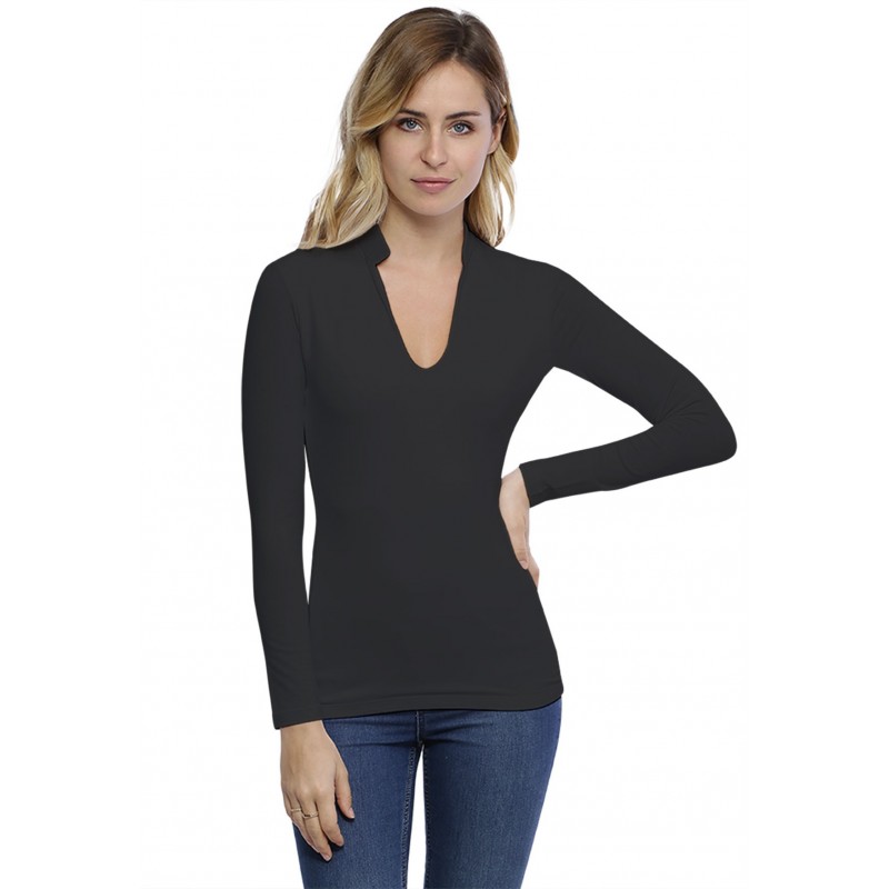 T-shirt col officier manches longues en modal LOU05 T-shirt col officier manches longues en modal LOU05