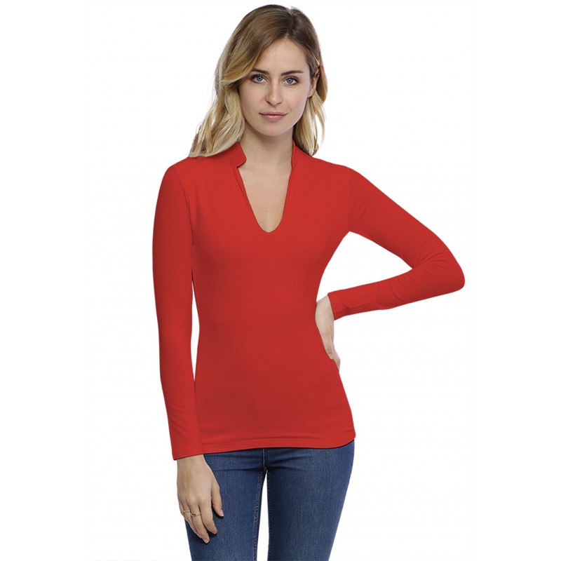 T-shirt col officier manches longues en modal LOU05 T-shirt col officier manches longues en modal LOU05