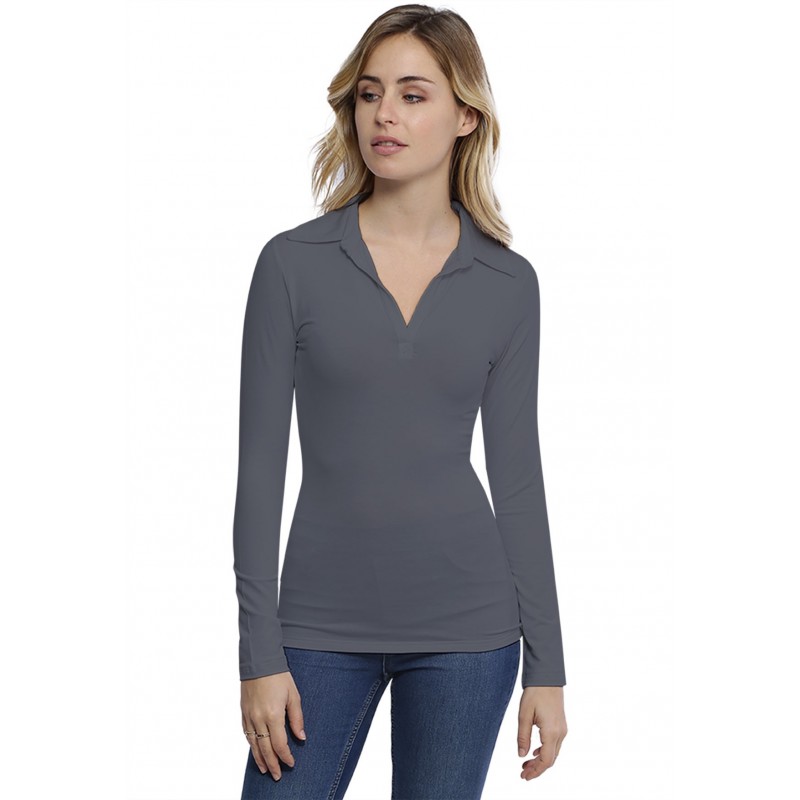 T-shirt col polo manches longues en modal GLORIA05 T-shirt col polo manches longues en modal GLORIA05