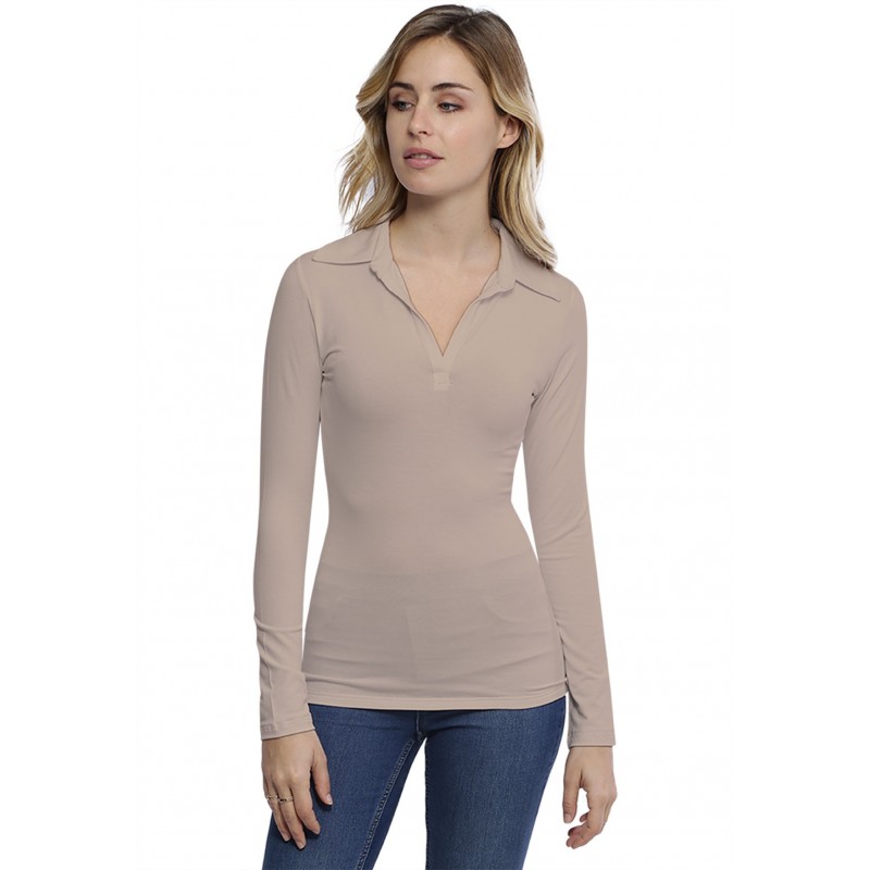 T-shirt col polo manches longues en modal GLORIA05 T-shirt col polo manches longues en modal GLORIA05