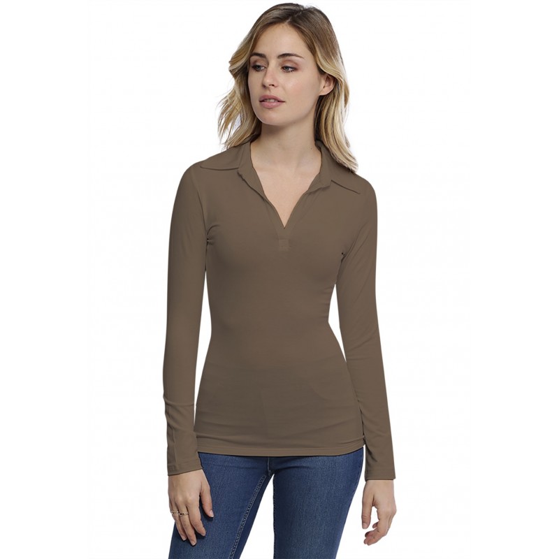 T-shirt col polo manches longues en modal GLORIA05 T-shirt col polo manches longues en modal GLORIA05