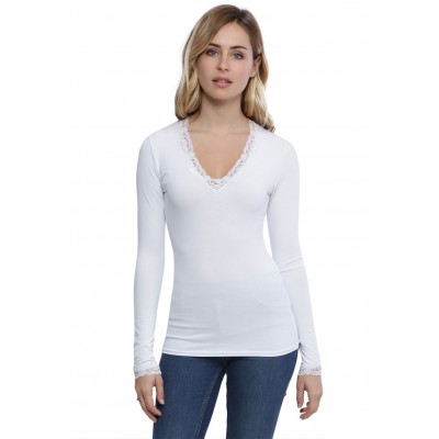 T-shirt col V dentelle manches longues en modal JULIE
