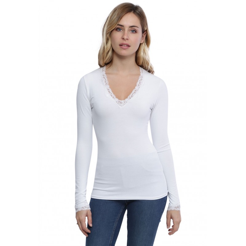 T-shirt col V dentelle manches longues en modal JULIE T-shirt col V dentelle manches longues en modal JULIE