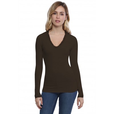 T-shirt col V dentelle manches longues en modal JULIE