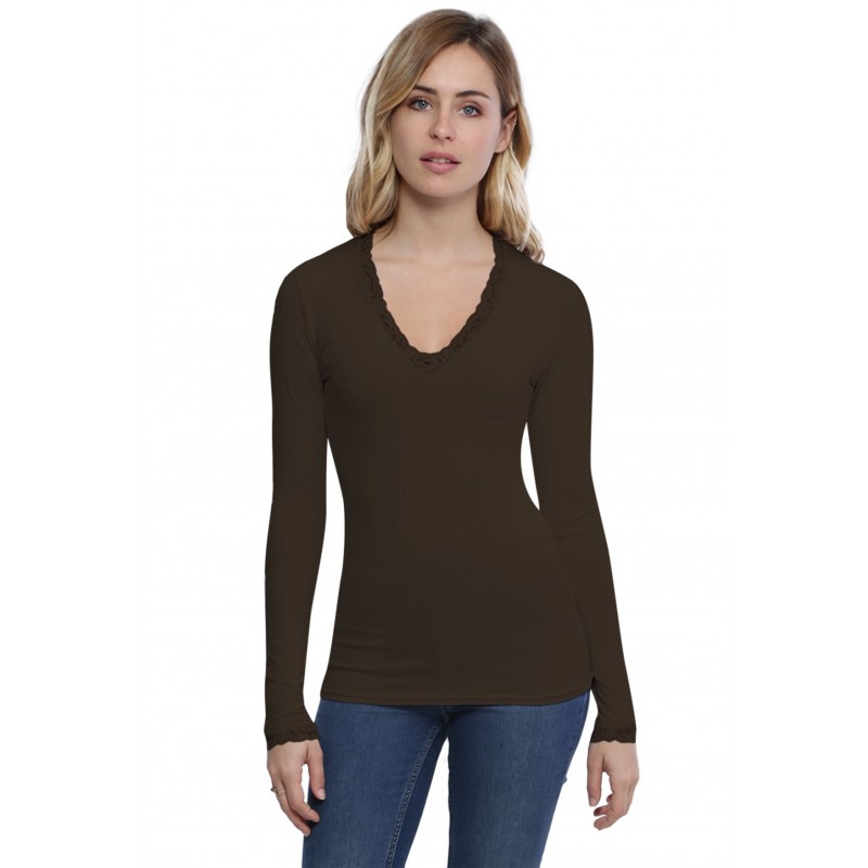 T-shirt col V dentelle manches longues en modal JULIE T-shirt col V dentelle manches longues en modal JULIE