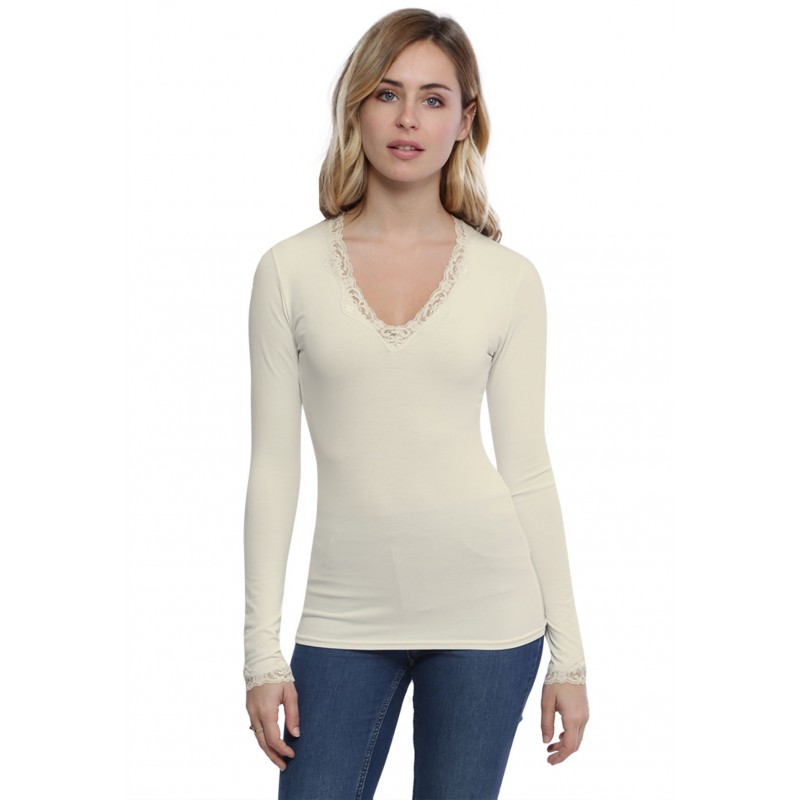 T-shirt col V dentelle manches longues en modal JULIE T-shirt col V dentelle manches longues en modal JULIE