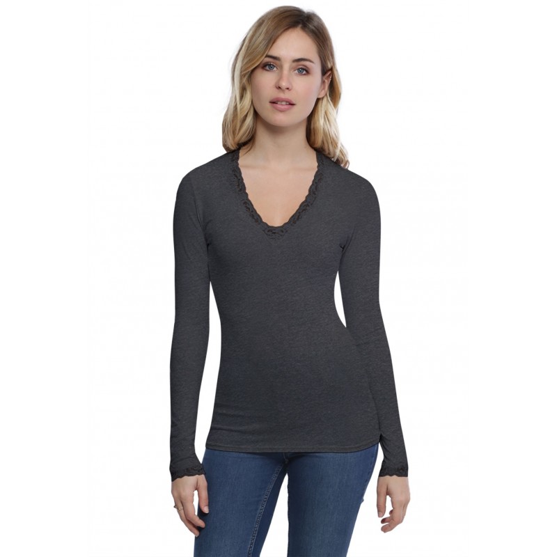 T-shirt col V dentelle manches longues en modal JULIE T-shirt col V dentelle manches longues en modal JULIE