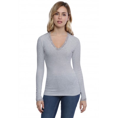 T-shirt col V dentelle manches longues en modal JULIE