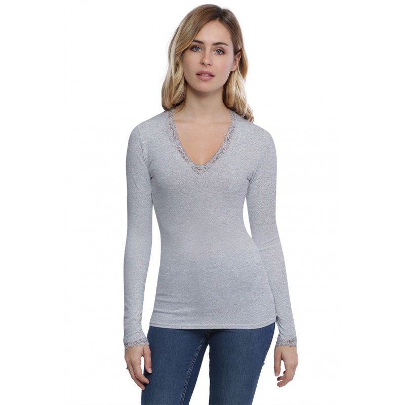T-shirt col V dentelle manches longues en modal JULIE T-shirt col V dentelle manches longues en modal JULIE