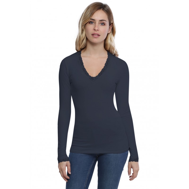T-shirt col V dentelle manches longues en modal JULIE T-shirt col V dentelle manches longues en modal JULIE