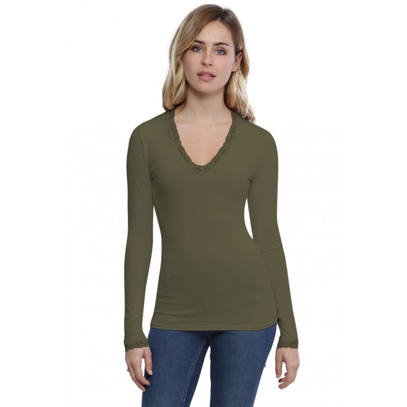 T-shirt col V dentelle manches longues en modal JULIE T-shirt col V dentelle manches longues en modal JULIE