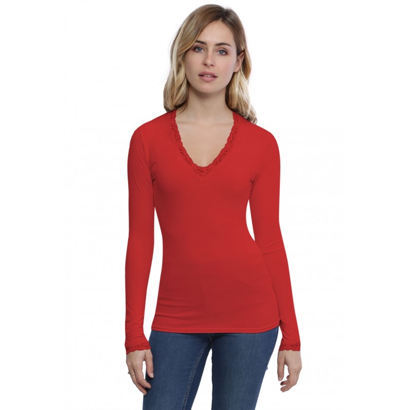 T-shirt col V dentelle manches longues en modal JULIE T-shirt col V dentelle manches longues en modal JULIE