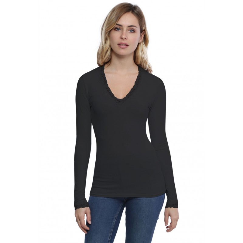 T-shirt col V dentelle manches longues en modal JULIE T-shirt col V dentelle manches longues en modal JULIE