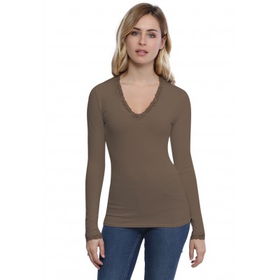 T-shirt col V dentelle manches longues en modal JULIE