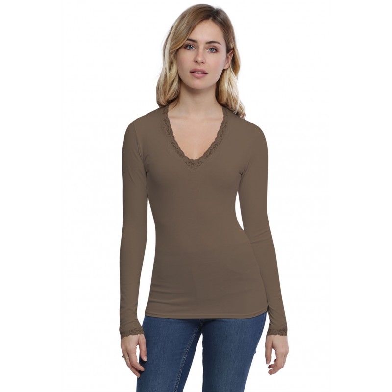 T-shirt col V dentelle manches longues en modal JULIE T-shirt col V dentelle manches longues en modal JULIE