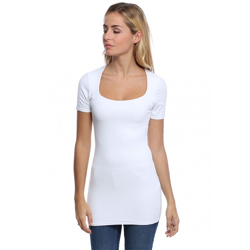 T-shirt long col carré doublé devant manches courtes en modal CLARA08 T-shirt long col carré doublé devant manches courtes en modal CLARA08