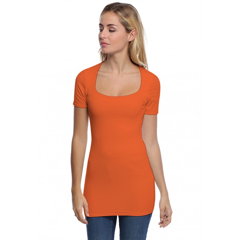 T-shirt long col carré doublé devant manches courtes en modal CLARA08