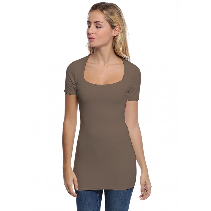T-shirt long col carré doublé devant manches courtes en modal CLARA08 T-shirt long col carré doublé devant manches courtes en modal CLARA08