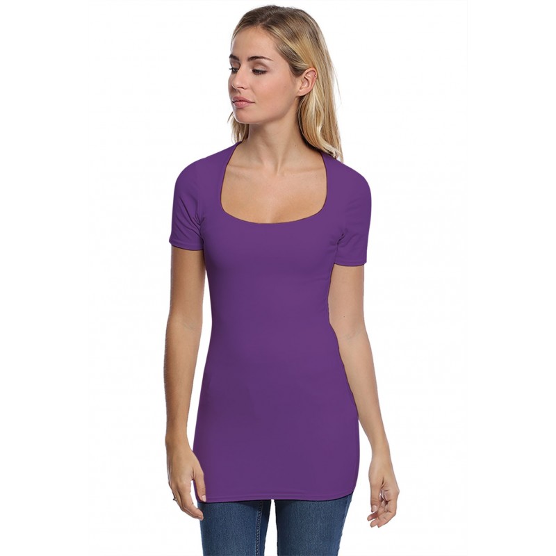 T-shirt long col carré doublé devant manches courtes en modal CLARA08