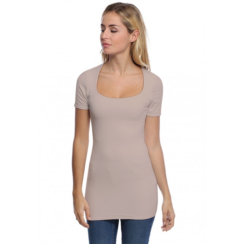 T-shirt long col carré doublé devant manches courtes en modal CLARA08 T-shirt long col carré doublé devant manches courtes en modal CLARA08