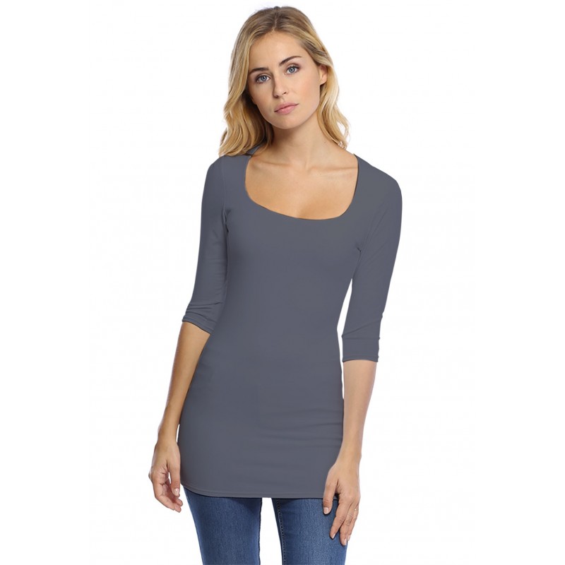 T-shirt long col carré doublé devant manches 3-4 en viscose CLARA09 T-shirt long col carré doublé devant manches 3-4 en viscose CLARA09