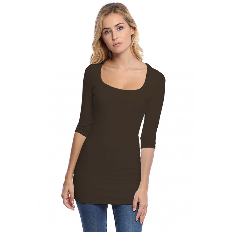 T-shirt long col carré doublé devant manches 3-4 en viscose CLARA09 T-shirt long col carré doublé devant manches 3-4 en viscose CLARA09