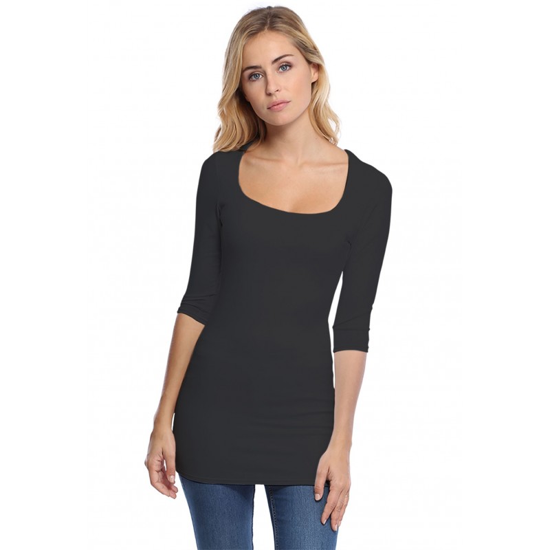 T-shirt long col carré doublé devant manches 3-4 en viscose CLARA09 T-shirt long col carré doublé devant manches 3-4 en viscose CLARA09