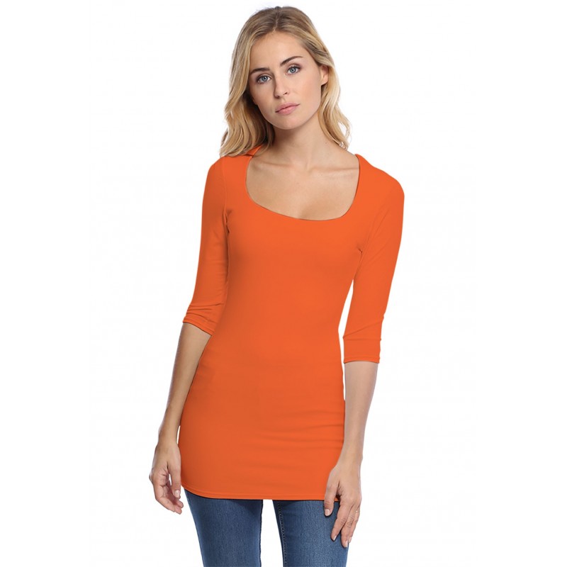 T-shirt long col carré doublé devant manches 3-4 en viscose CLARA09