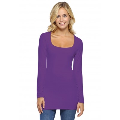 T-shirt long col carré doublé devant manches longues en viscose