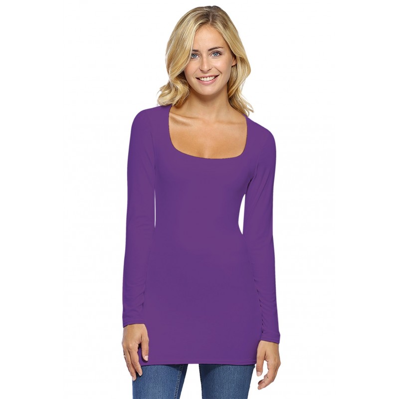 T-shirt long col carré doublé devant manches longues en viscose