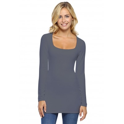 T-shirt long col carré doublé devant manches longues en viscose