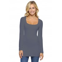 T-shirt long col carré doublé devant manches longues en viscose