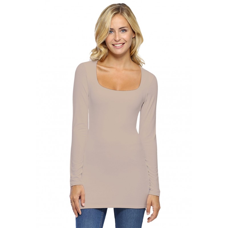 T-shirt long col carré doublé devant manches longues en viscose T-shirt long col carré doublé devant manches longues en viscose